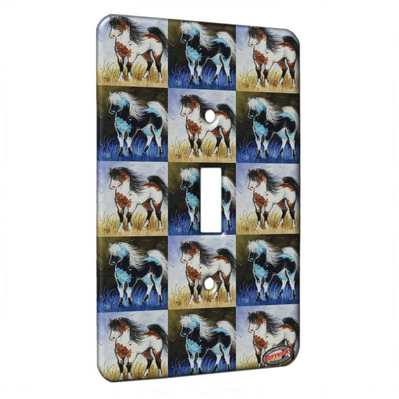 KuzmarK™ Single Gang Toggle Switch Wall Plate - Bay Pinto Mustang Stallion Wild Horse Pattern Art by Denise Every