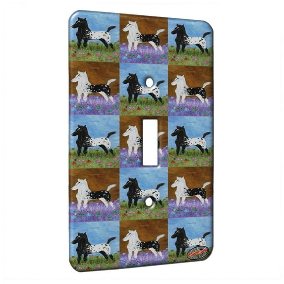 KuzmarK™ Single Gang Toggle Switch Wall Plate - Black Blanket Appaloosa Foal with Wildflowers Horse Pattern Art by Denise Every