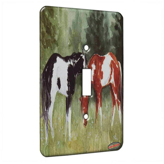 KuzmarK™ Single Gang Toggle Switch Wall Plate - Black and Chestnut Pintos with Pine Trees Horse Art by Denise Every