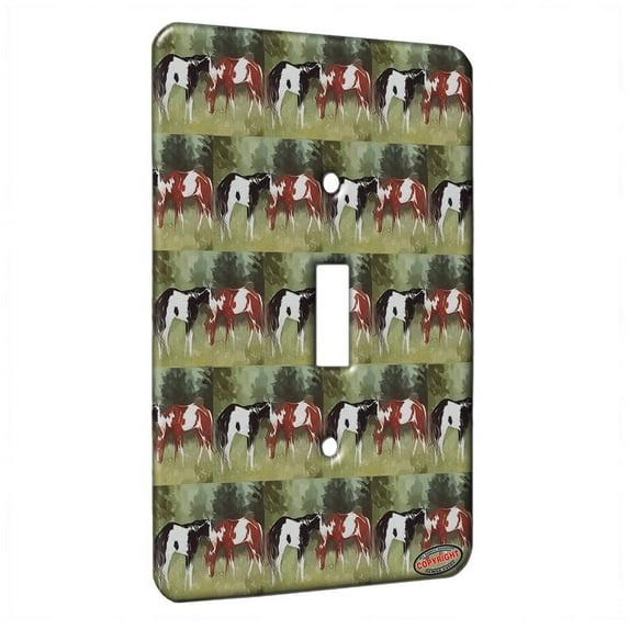 KuzmarK™ Single Gang Toggle Switch Wall Plate - Black and Chestnut Pintos with Pine Trees Horse Modern Art by Denise Every