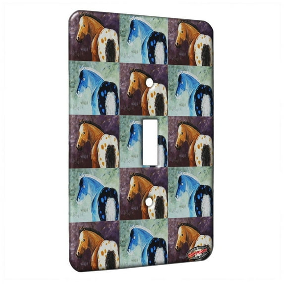 KuzmarK™ Single Gang Toggle Switch Wall Plate - Buckskin Appaloosa Foal on Purple Horse Pattern Art by Denise Every
