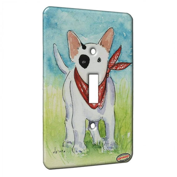KuzmarK™ Single Gang Toggle Switch Wall Plate - Bull Terrier Puppy with Red Bandana Dog Art by Denise Every