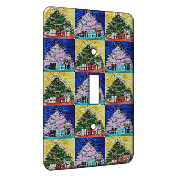 KuzmarK™ Single Gang Toggle Switch Wall Plate - Christmas Tree with Tiny Tiger Kitty Fairies Cat Pattern Art by Denise Every