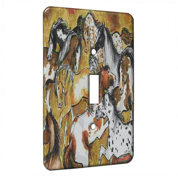 KuzmarK™ Single Gang Toggle Switch Wall Plate - Frisky Mustangs Colorful Wild Horse Art by Denise Every