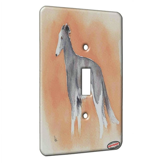 KuzmarK™ Single Gang Toggle Switch Wall Plate - Long Haired Light Brindle Whippet Sighthound Dog Art by Denise Every