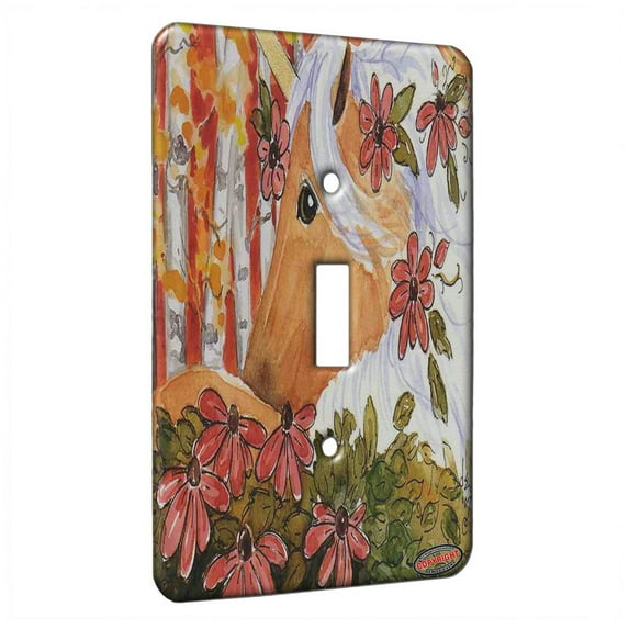 KuzmarK™ Single Gang Toggle Switch Wall Plate - Palomino Unicorn with Birches Fantasy Horse Art by Denise Every