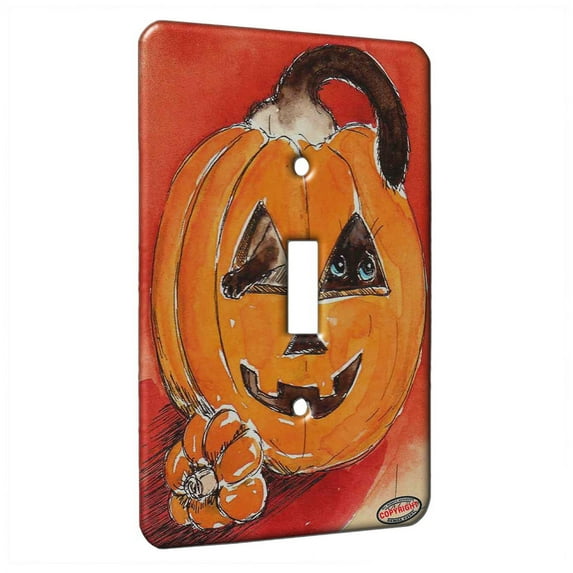 KuzmarK™ Single Gang Toggle Switch Wall Plate - Silly Siamese Stuck in a Pumpkin Halloween Cat Art by Denise Every
