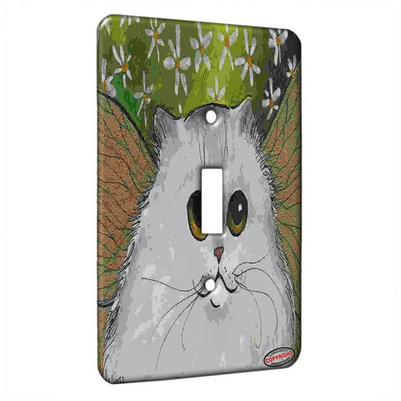 KuzmarK™ Single Gang Toggle Switch Wall Plate - Silver Persian Kitty Fairy with Daisies Fantasy Cat Art by Denise Every