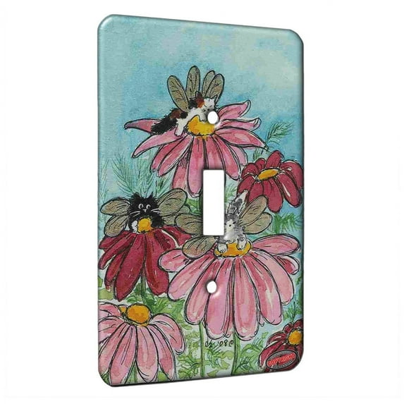 KuzmarK™ Single Gang Toggle Switch Wall Plate - Tiny Kitty Fairies with Fiesta Daisies Fantasy Fairy Cat Art by Denise Every