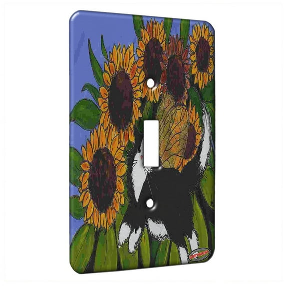 KuzmarK™ Single Gang Toggle Switch Wall Plate - Tuxedo Maine Coon Kitty Fairy with Sunflowers Fantasy Cat Art by Denise Every