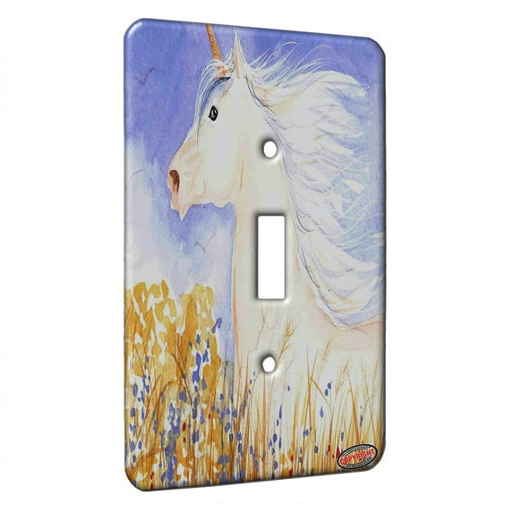 KuzmarK™ Single Gang Toggle Switch Wall Plate - Unicorn Stallion with Prairie Wildflowers Fantasy Horse Art by Denise Every
