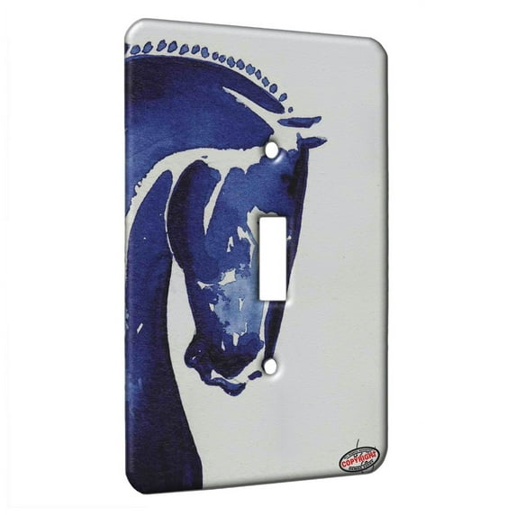KuzmarK™ Single Gang Toggle Switch Wall Plate - Warmblood Sports Horse in Blue Abstract Horse Art by Denise Every