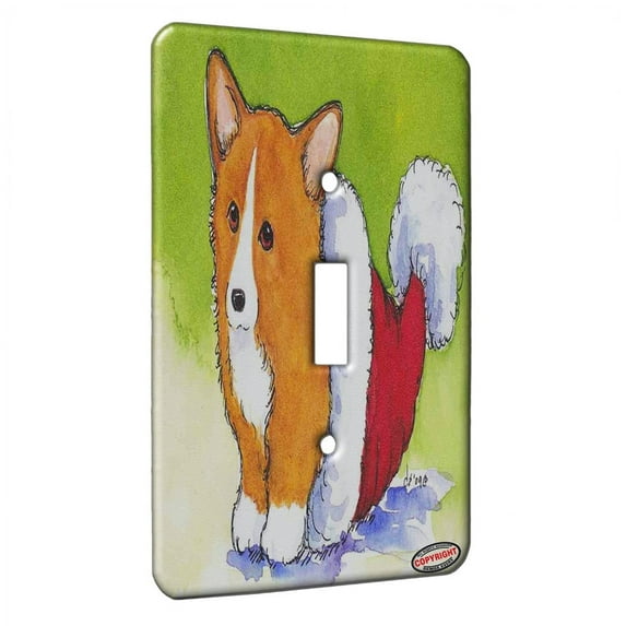 KuzmarK™ Single Gang Toggle Switch Wall Plate - Welsh Corgi Puppy in Santa Hat Christmas Dog Art by Denise Every