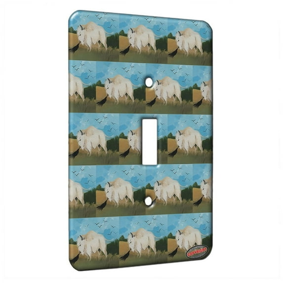 KuzmarK™ Single Gang Toggle Switch Wall Plate - White Buffalo Speaks with Raven Wildlife Modern Art by Denise Every