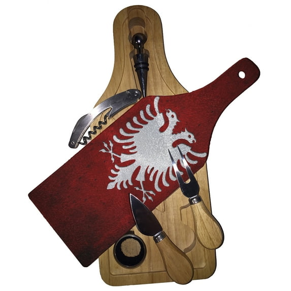 KuzmarK Wine & Cheese Glass Cutting Board Wood Box Gift Set - Albanian Flag