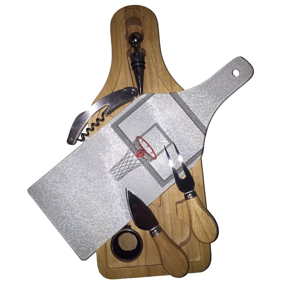 KuzmarK Wine & Cheese Glass Cutting Board Wood Box Gift Set - Basketball Hoop