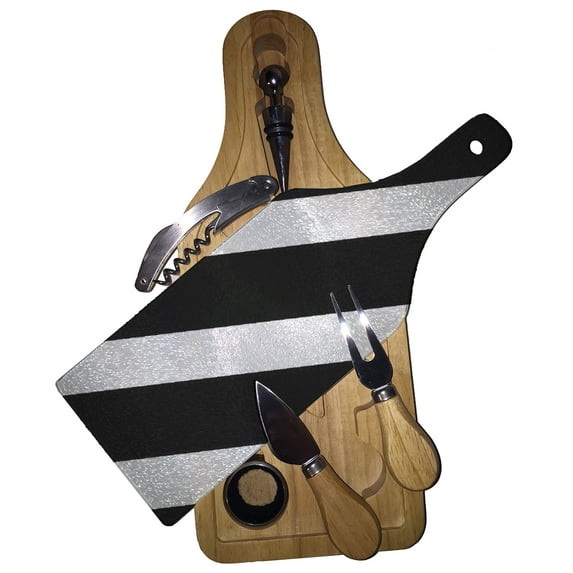 KuzmarK Wine & Cheese Glass Cutting Board Wood Box Gift Set - Black White Stripes