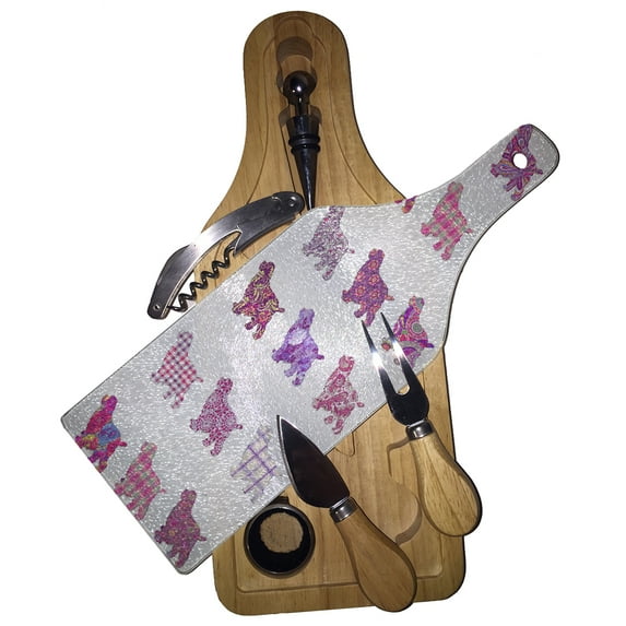 KuzmarK Wine & Cheese Glass Cutting Board Wood Box Gift Set - Cocker Spaniel Dog