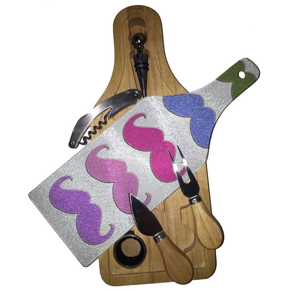 KuzmarK Wine & Cheese Glass Cutting Board Wood Box Gift Set - Colorful Sparkle Mustache Collection