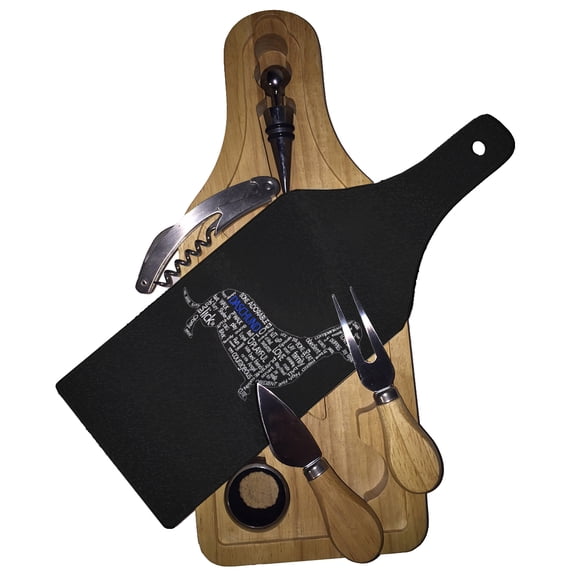 KuzmarK Wine & Cheese Glass Cutting Board Wood Box Gift Set - Daschund