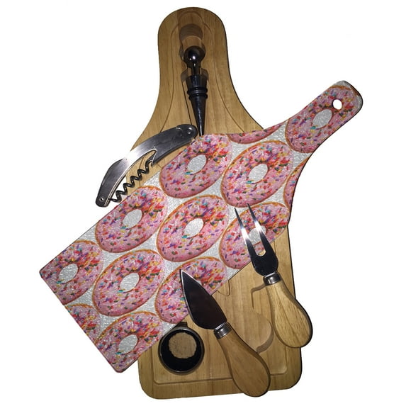 KuzmarK Wine & Cheese Glass Cutting Board Wood Box Gift Set - Donuts Doughnuts