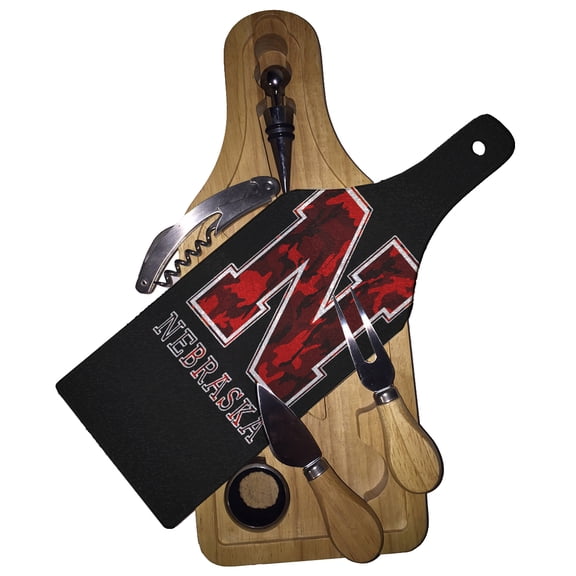 KuzmarK Wine & Cheese Glass Cutting Board Wood Box Gift Set - Nebraska Red Camouflage