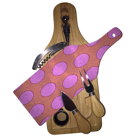 KuzmarK Wine & Cheese Glass Cutting Board Wood Box Gift Set - Purple  Peach Polka Dots