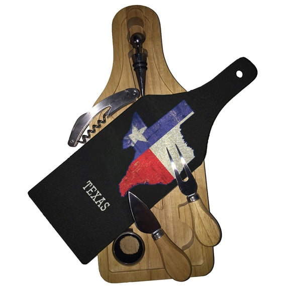 KuzmarK Wine & Cheese Glass Cutting Board Wood Box Gift Set - State of Texas Flag