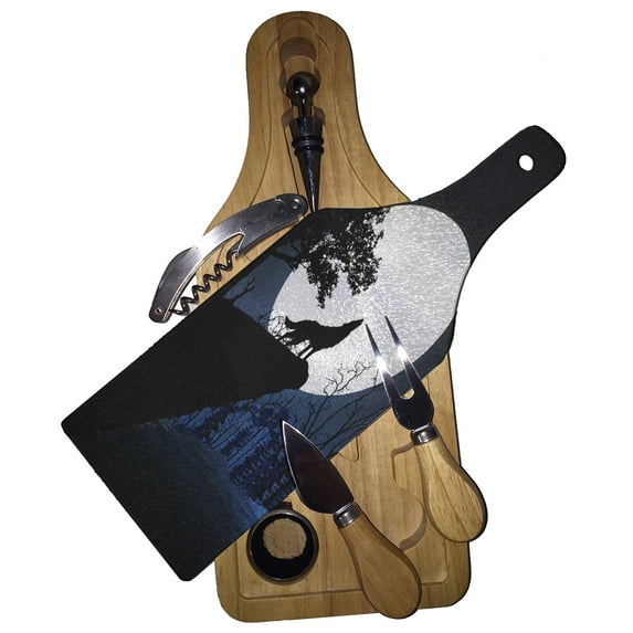 KuzmarK Wine & Cheese Glass Cutting Board Wood Box Gift Set - Wolf Full Moon Mountain