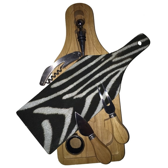 KuzmarK Wine & Cheese Glass Cutting Board Wood Box Gift Set - Zebra
