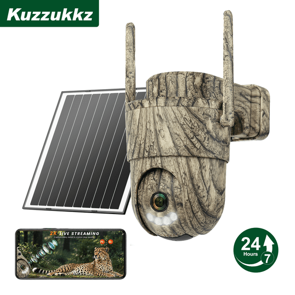 Kuzzukkz 4G LTE Solar Cellular Security Camera with 10W Solar Panel, 2K PTZ Wireless Outdoor Camera with Full-Color Night Vision, AI Human Detection, No WiFi Needed (built-in 4G Sim Card), Camouflage