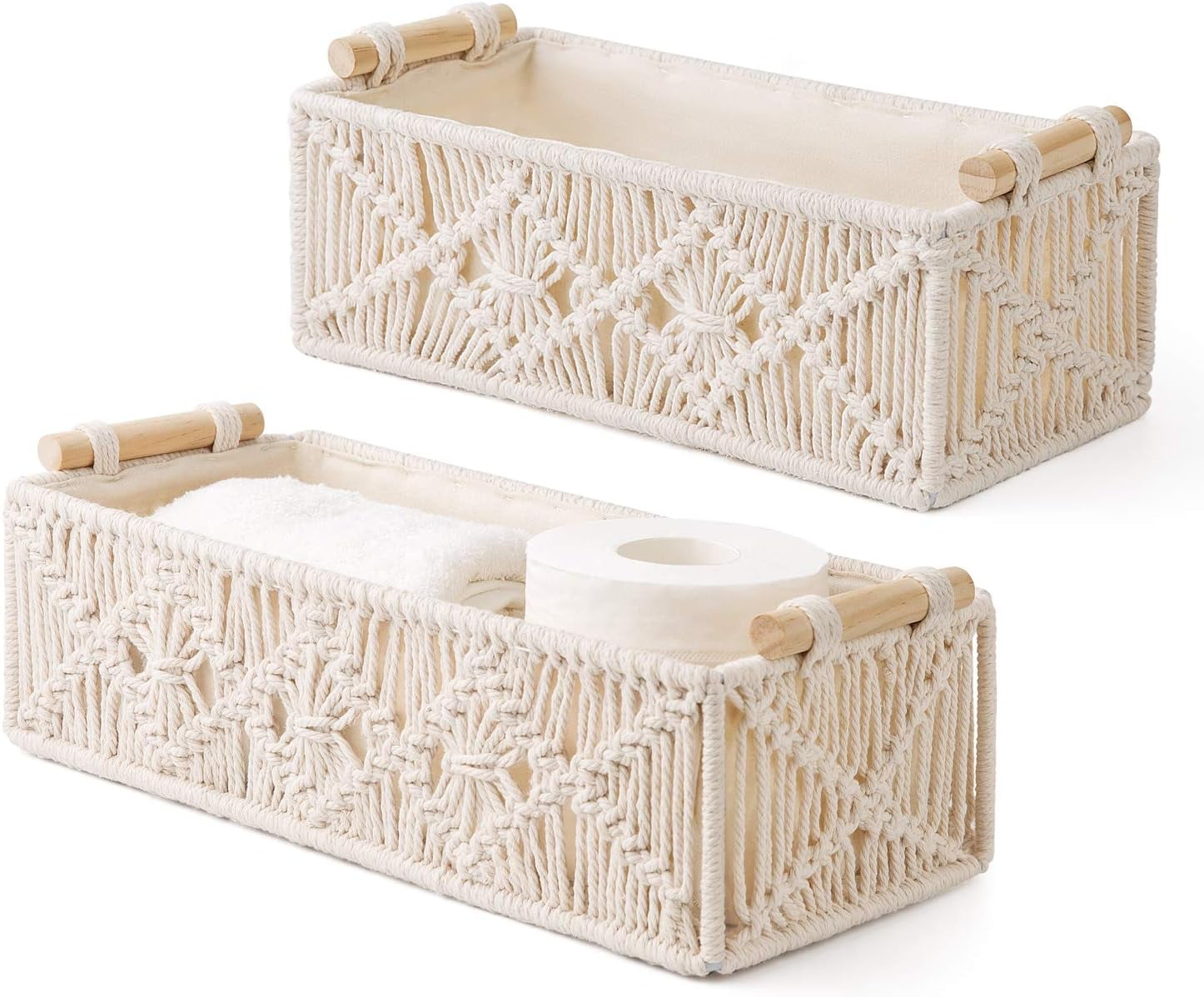 Kvago Macrame Storage Basket Boho Decor Bathroom Baskets for Organizing, Toilet Tank Basket for Bathroom Woven Decor Basket with Handle Bedroom Nursery Living Room Entryway (Beige)