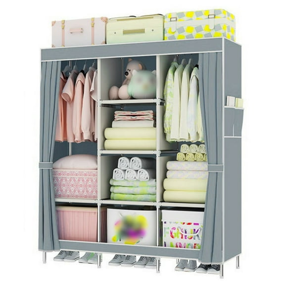 Kvago Portable Closet with 4 Hanging Rods, Non-Woven Fabric Clothes Organizer, Stable and Easy Assembly Grey Portable Closets for Hanging Clothes with Side Pockets