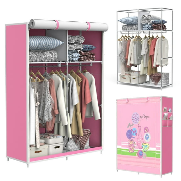 Kvago Portable Closet Wardrobe with Non-Woven Fabric Cover, Closet Storage Organizer, 2 Hanging Rods, Shelves, and Side Pockets, Pink