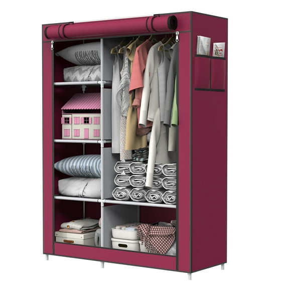 Kvago Portable Wardrobe Closet Clothes Organizer Non-Woven Fabric Cover with 5 Storage Shelves, 1 Hanging Sections and Side Pockets, Red