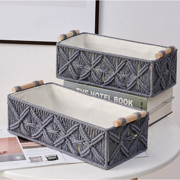 Kvago Set of 2 Macrame Storage Baskets Boho Decor Box Handmade Woven Decorative Countertop Toilet Tank Shelf Cabinet Organizer for Home Bedroom Living Room, Gray