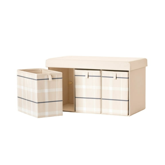 Kvell Kid's 28-Inch Storage Bench with 3 Drawers in Blush Plaid Pattern