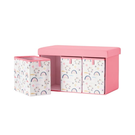 Kvell Kids 28-inch Storage Bench with Rainbow Heart Design, 3 Drawer