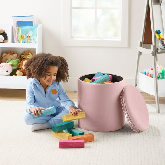 Kvell Pom Pom 15" Kids Storage Ottoman, Velvet Upholstery, Blush