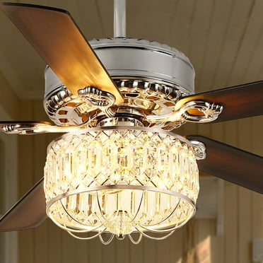 Kviflon 52" Farmhouse Ceiling Fan with Lights & Remote, Crystal Chandelier, Wood Blades, Quiet Motor, 6-Speed, Timer, Modern Lighting for Living Room, Bedroom, Dining Room, Chrome Finish