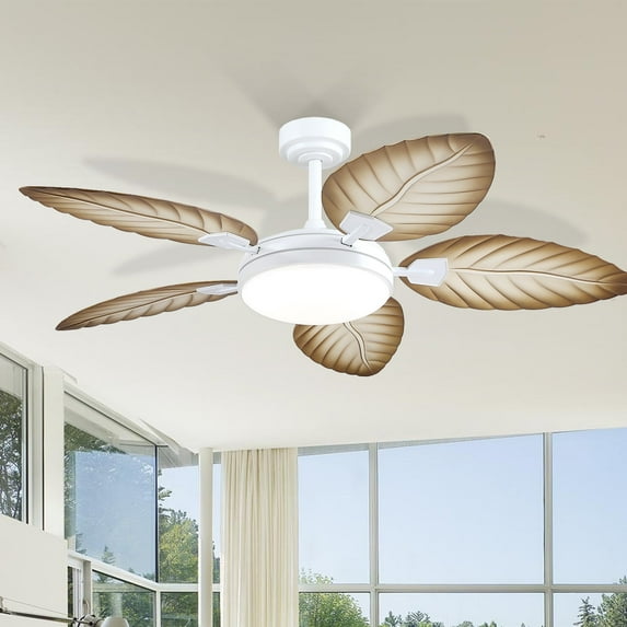 Kviflon 52" Tropical Ceiling Fan with LED Lights & Remote, Outdoor Palm Leaf Fan for Patios, Porch, Bedroom, Dimmable 6 Speeds, Reversible DC Motor, Smart App Control - Wood Grain