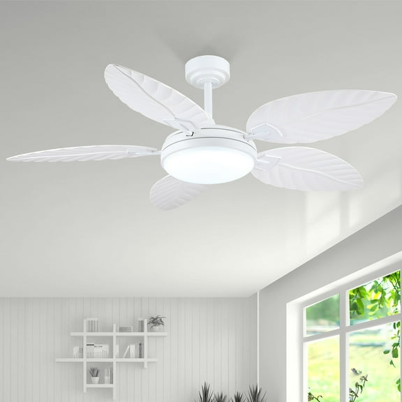 Kviflon 52" Tropical Ceiling Fan with LED Lights & Remote, Outdoor Palm Leaf Fan for Patios, Porch, Bedroom, Dimmable 6 Speeds, Reversible DC Motor, Smart App Control - White