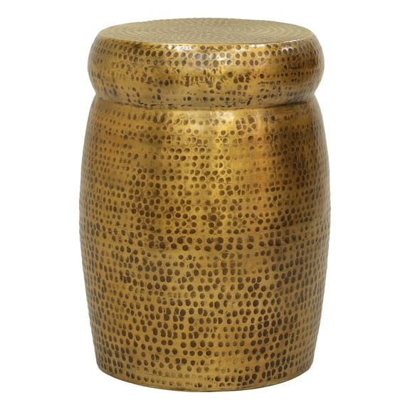 Kvira 21" Round Drum Side End Table | Artisan Hammered Embossed Texture | Antique Gold Brass Finish
