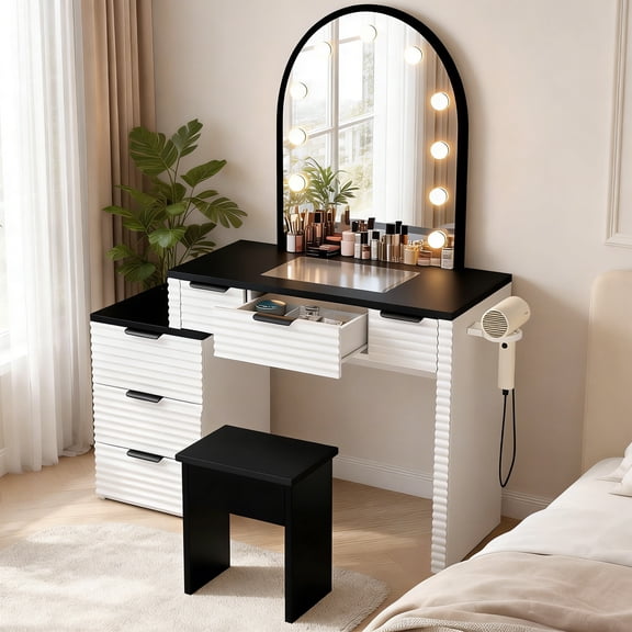 Kviwasha Modern Vanity Desk With Glass Countertop And 6 Drawers,Equipped With Tricolor Lighting Mirror,Hair Dryer Stand And Charging Station Function,Suitable For Bedrooms,Black And White
