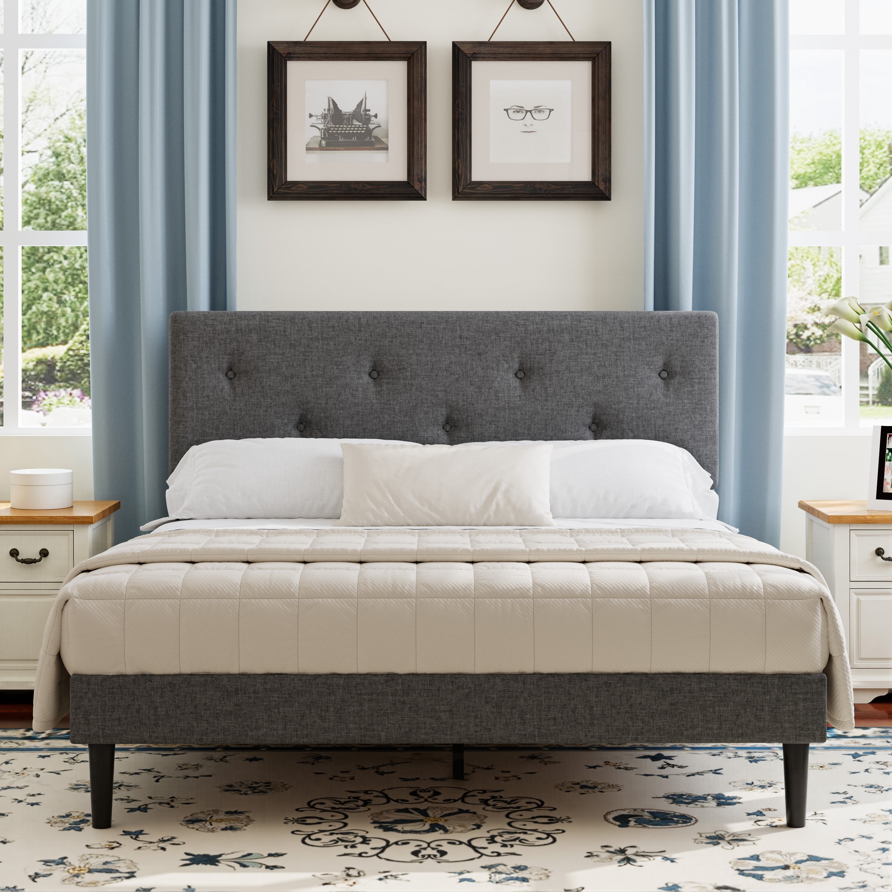 Kvrumxec Full Size Upholstered Platform Bed Frame, Linen Bed with ...