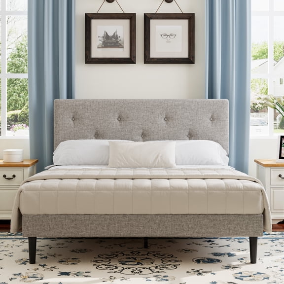 Kvrumxec Queen Size Upholstered Platform Bed Frame, Linen Bed with Adjustable Headboard, No Box Spring Needed, Beige