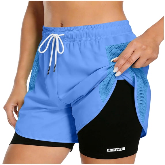 Kvture 2 in 1 Double Layer Running Shorts for Women High Waisted Gym Yoga Short Pants Color Block Athletic Workout Clothes Blue S