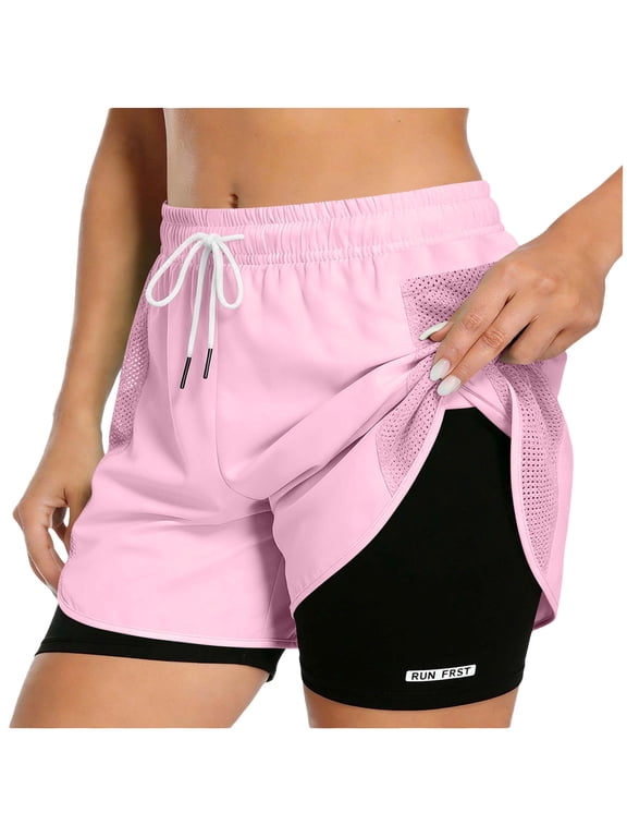 2 in 1 Double Layer Running Shorts for Women High Waisted Gym Yoga Short Pants Color Block Athletic Workout Clothes Pink S