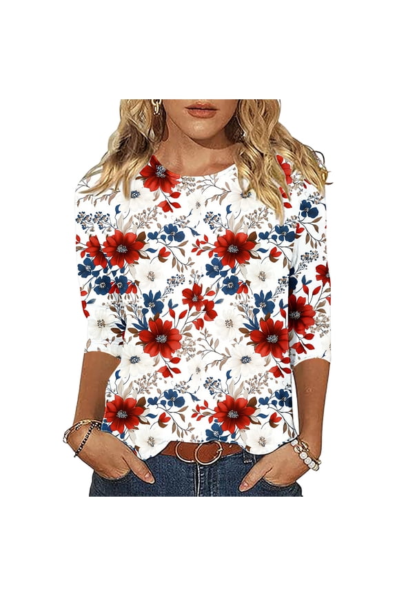 250 Anniversary USA Shirts for Women Crew Ncek 3/4 Sleeve Patriotic Tops American Flag Graphic Tunic Blouses H Red Tees XXL