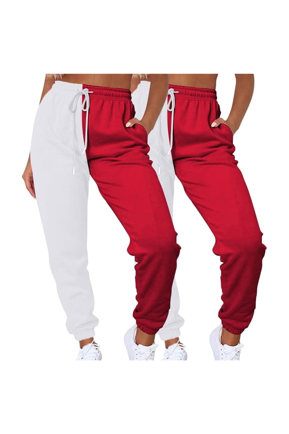 2PC Women's Sweatpants Color Block Patchwork Trouser Elastic High Waist Joggers Baggy Pants with Multi-Pockets Red S